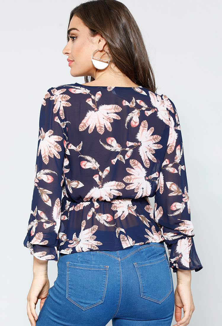 Long Sleeve Print Feather Blouse