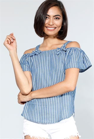 Striped Cold Shoulder Top With Ribbon Detail 