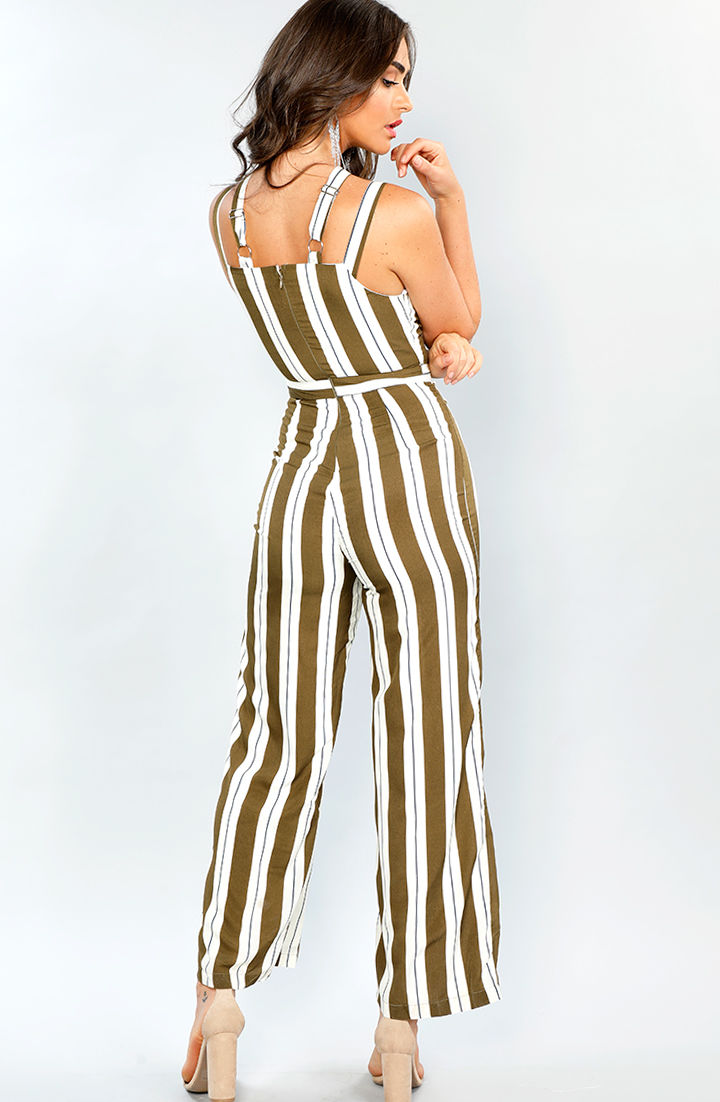 Striped Detail Jumpsuit With Crossed Neck 