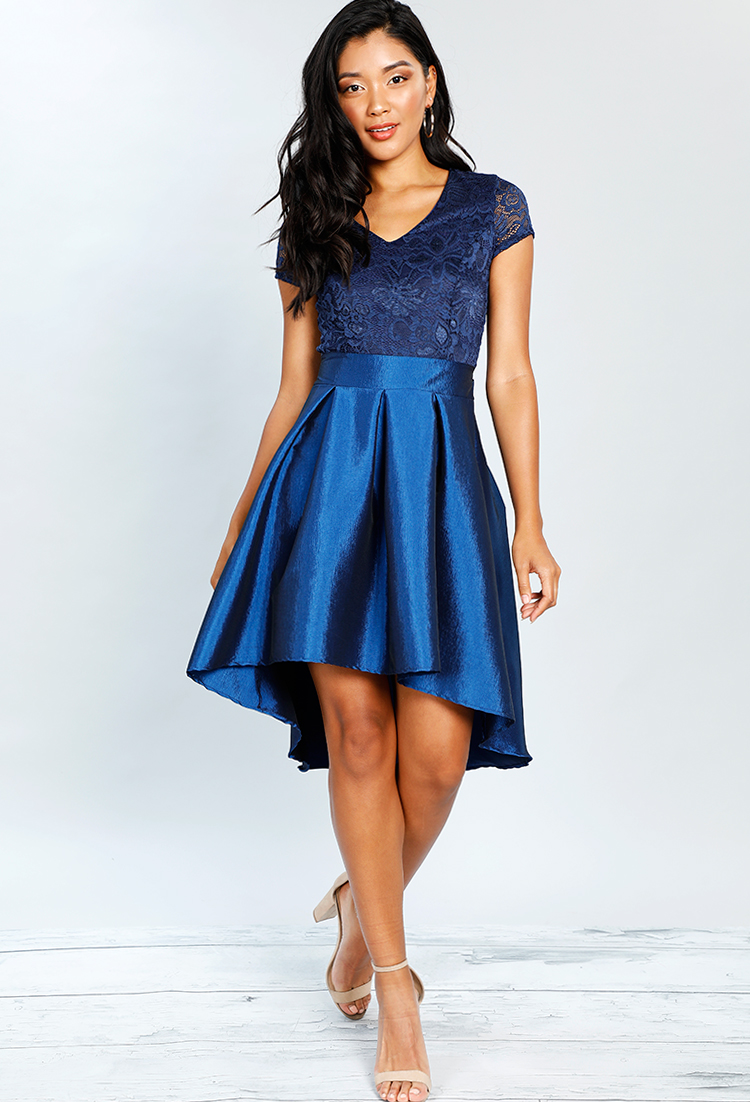 Lace Detail Pleated High-Low Mini Dress