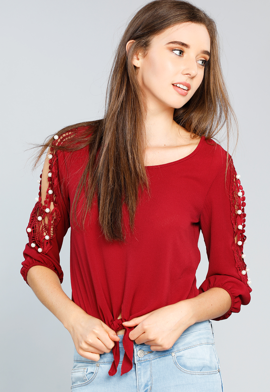 Tie Front Crochet Pearl Accented Sleeve Top