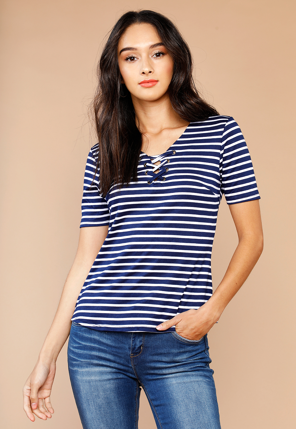 Lace Up Detail Striped Casual Top