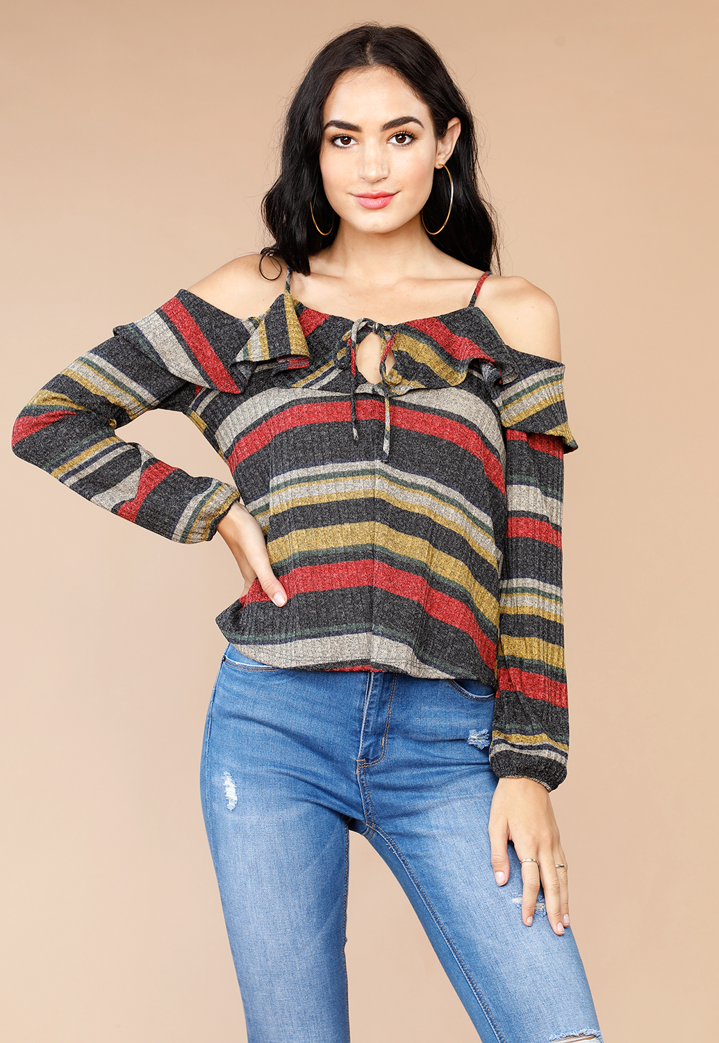 Striped Open Shoulder Casual Top