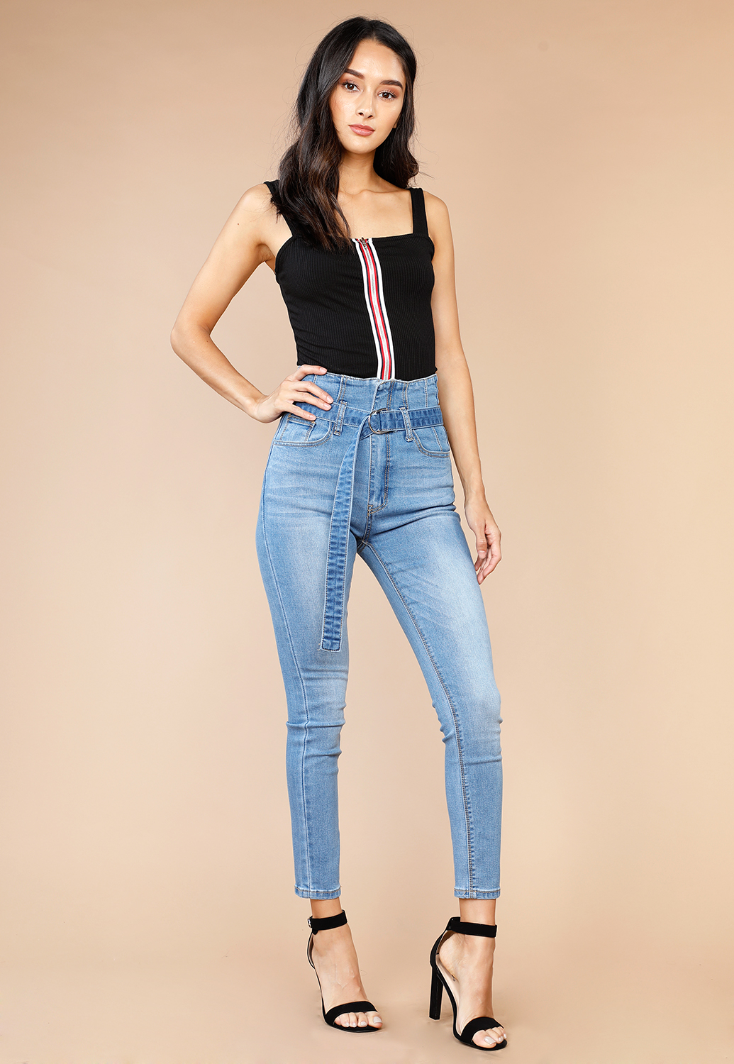 High Waisted With Belt Skinny Jeans