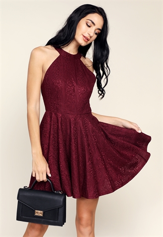 Floral Lace Halter Neck Fit And Flare Dress