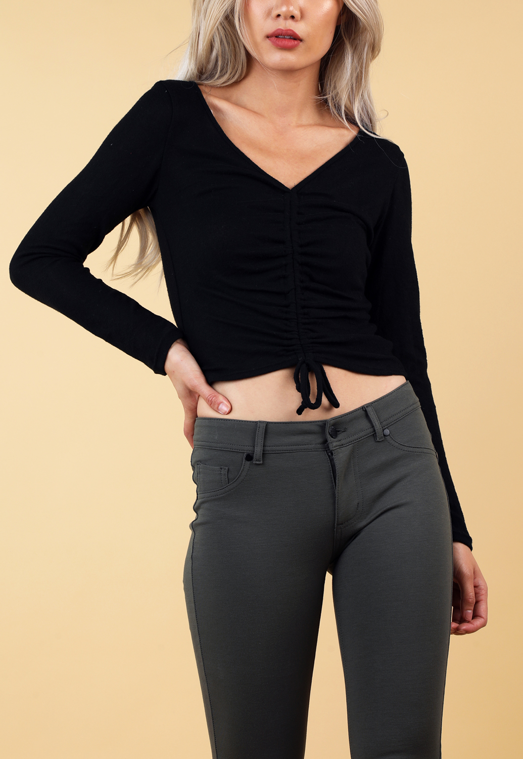 Ruched Detail Long Sleeve Knit Top