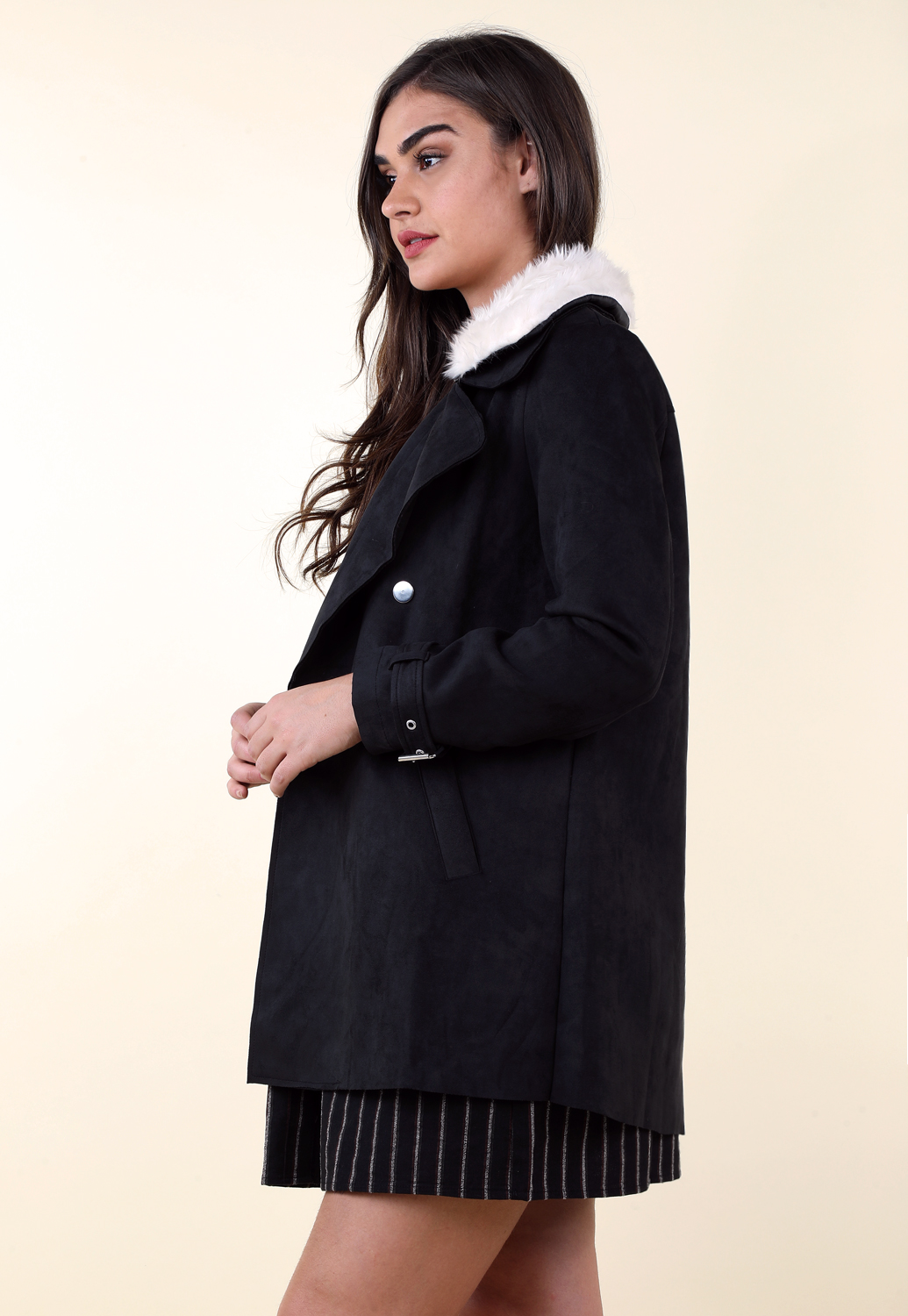 Faux Fur-Trimmed Suede Double Breasted Coat 