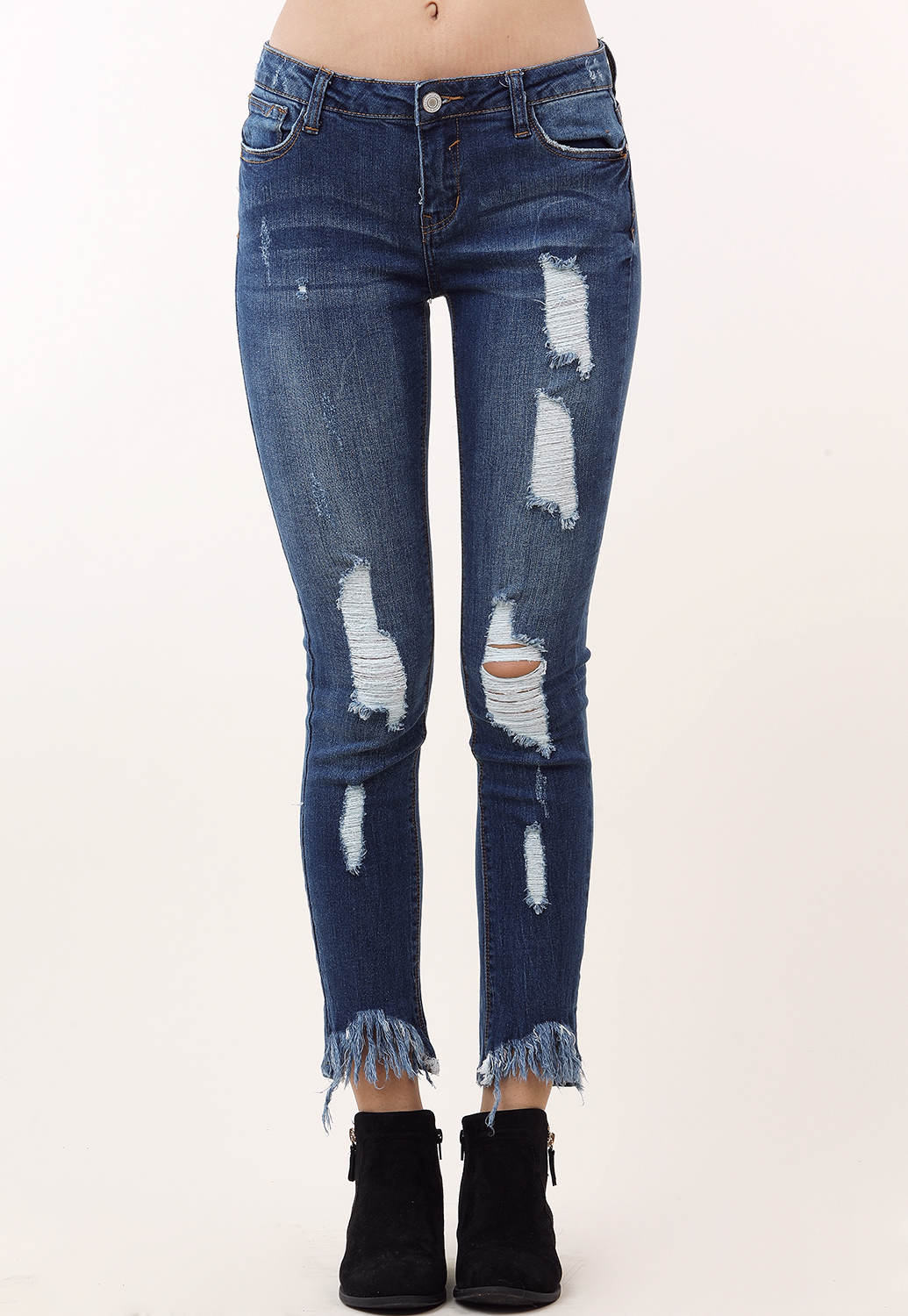  Mid-Rise Distressed Hem Skinny Jean