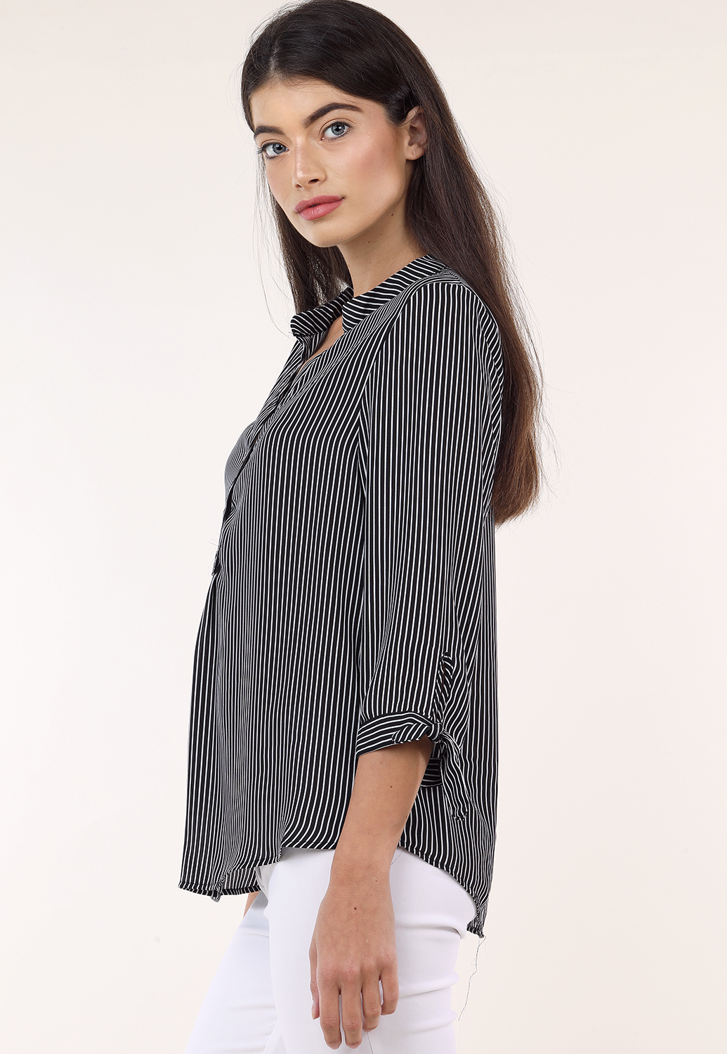  Pinstriped Half Button Up Blouse 