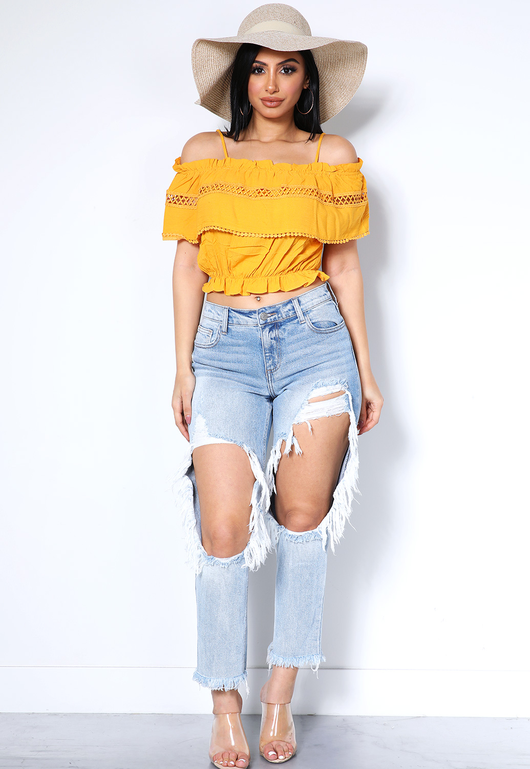 Crochet Off-The-Shoulder Frill-Trim Cropped Top
