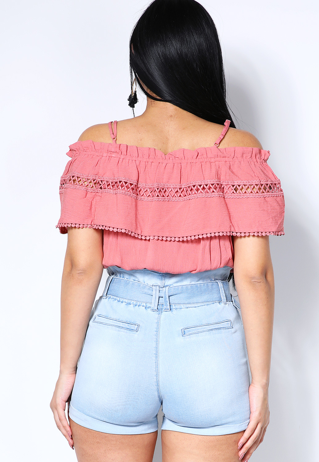 Crochet Off-The-Shoulder Frill-Trim Cropped Top