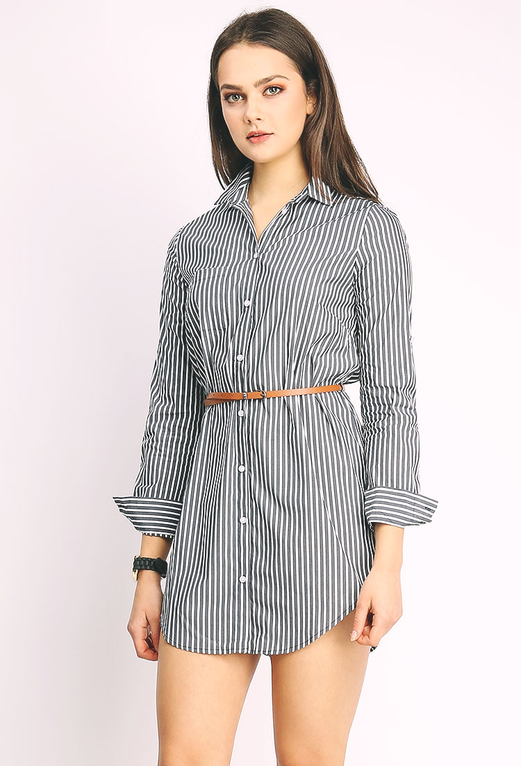Striped Long Shirt W/Belt | Shop Dresses at Papaya Clothing