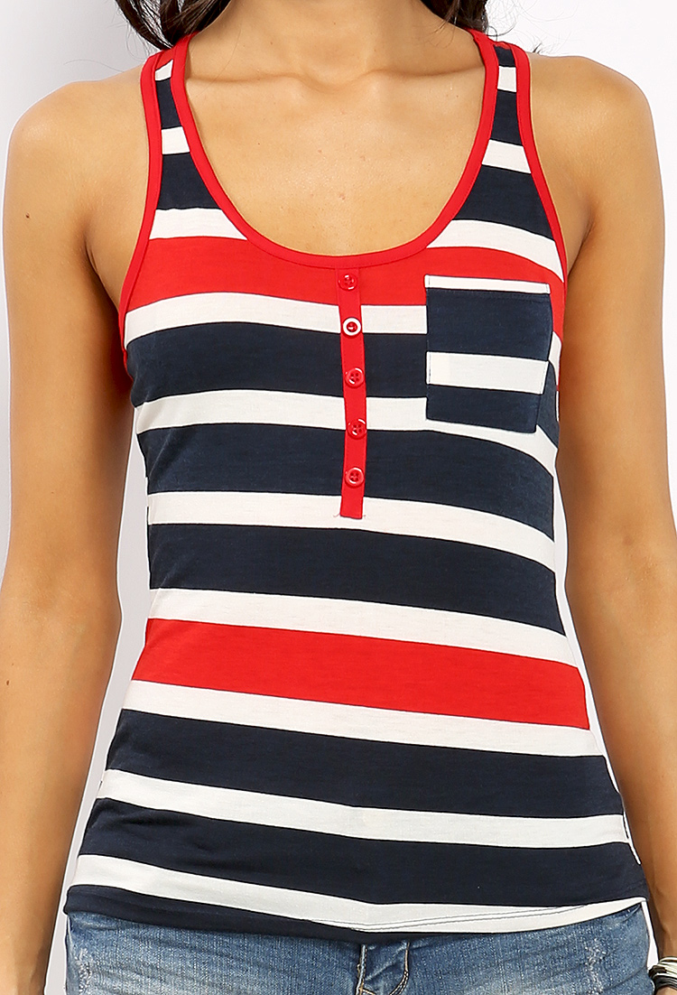 Pocket And Button Point Striped Tank Top