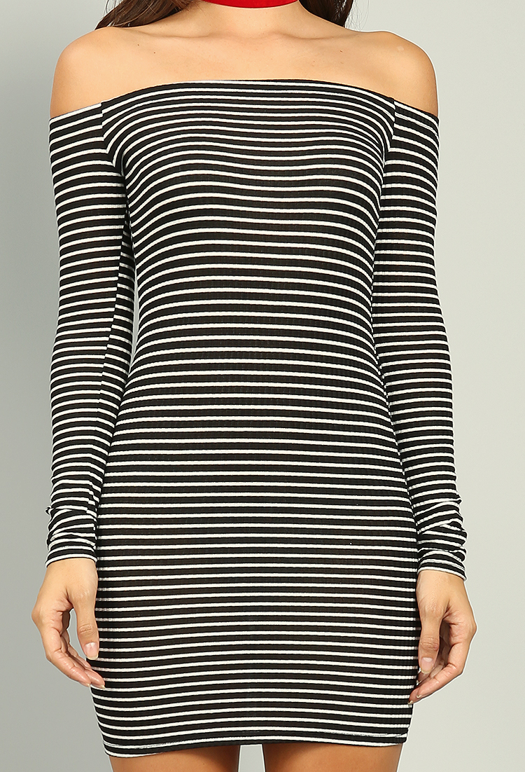 Striped Off-The-Shoulder Ribbed Dress | Shop Holiday Deals Upto 70%Off ...