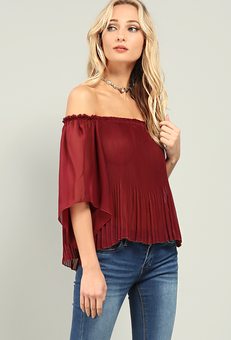 Chiffon Off-The-Shoulder Accordion-Pleated Top | Shop Old Blouse ...