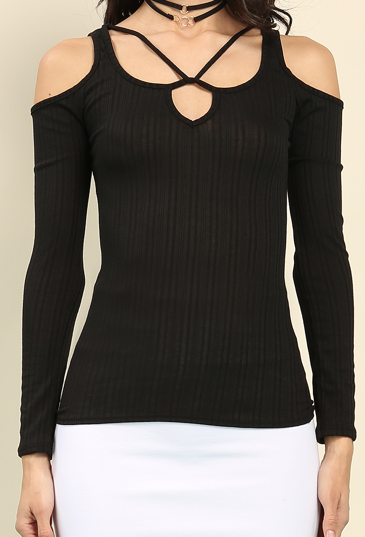 Ribbed Open-Shoulder Strappy-Cutout Top