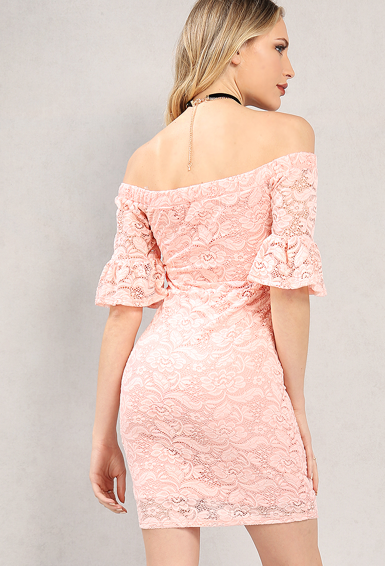 Bell-Sleeved Lace Overlay Off-The-Shoulder Dress W/ Necklace | Shop Old ...
