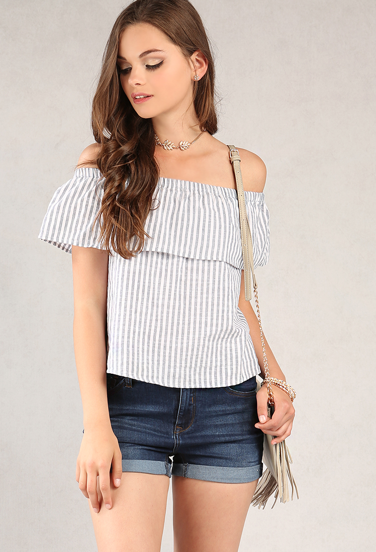 Striped Off-The-Shoulder Flounce Top | Shop What's New at Papaya Clothing