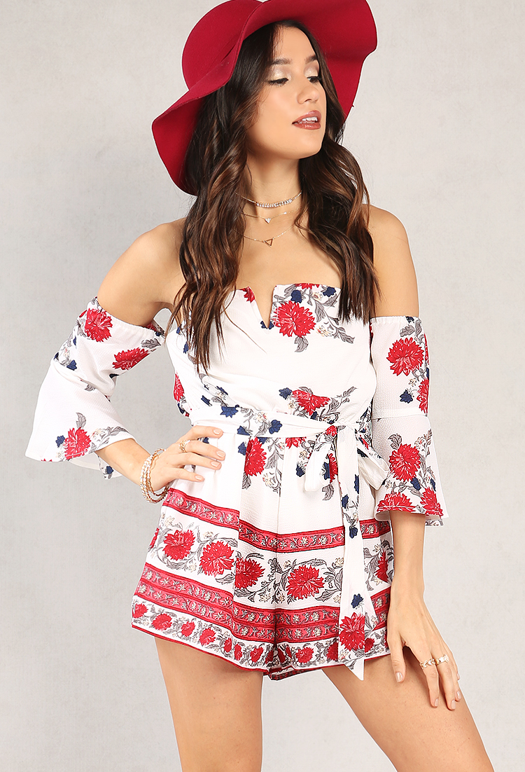 Bell-Sleeved Floral Off-The-Shoulder Romper | Shop What's New at Papaya ...