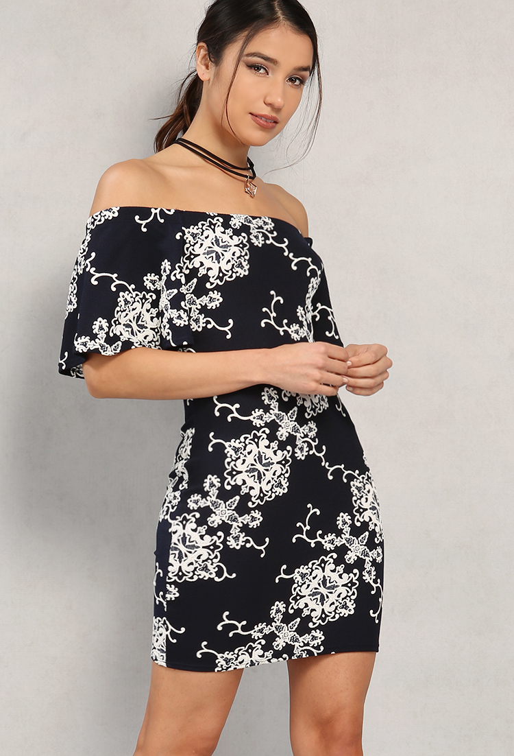 Lace Print Off-The-Shoulder Dress W/ Choker | Shop What's New at Papaya ...