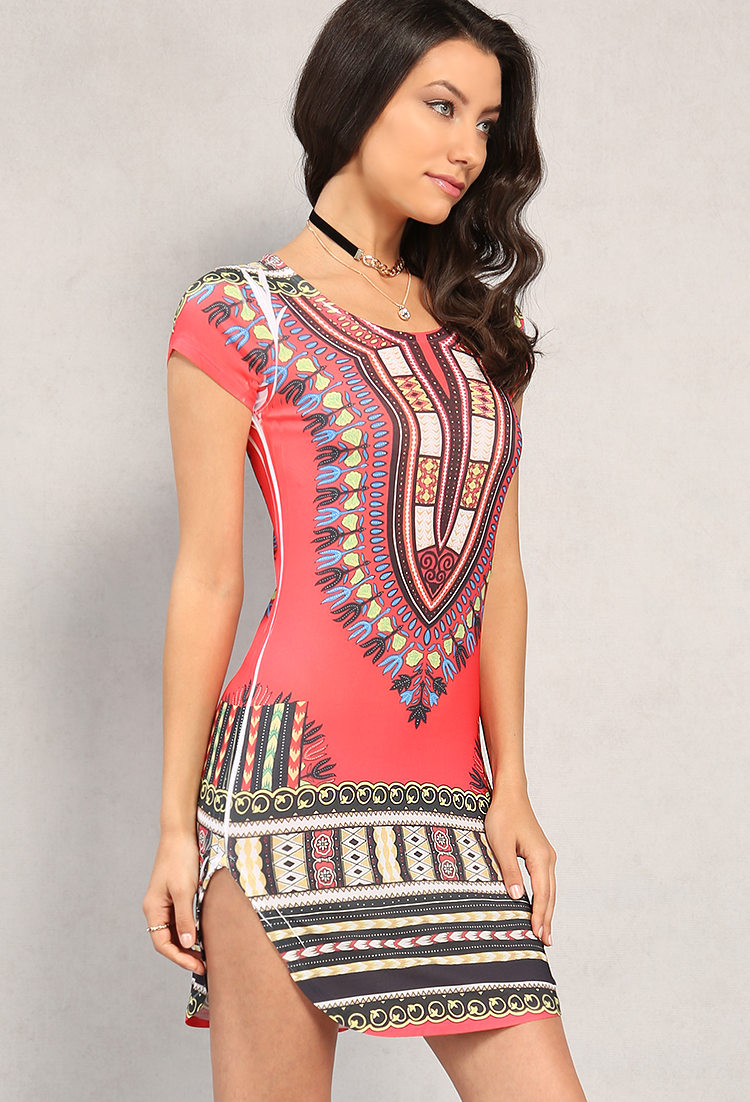Curved-Hem Tribal Pattern T-Shirt Dress