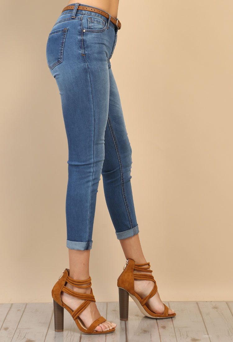 Belted Mid-Rise Cropped Skinny Jeans 