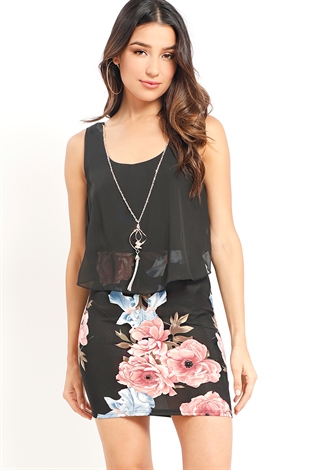Double Layer Floral Bodycon Dress With Necklace 
