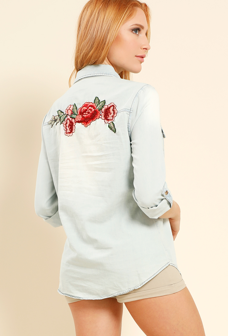 Shirts Amen - Floral embellished denim shirt - BLS16631AS16100089