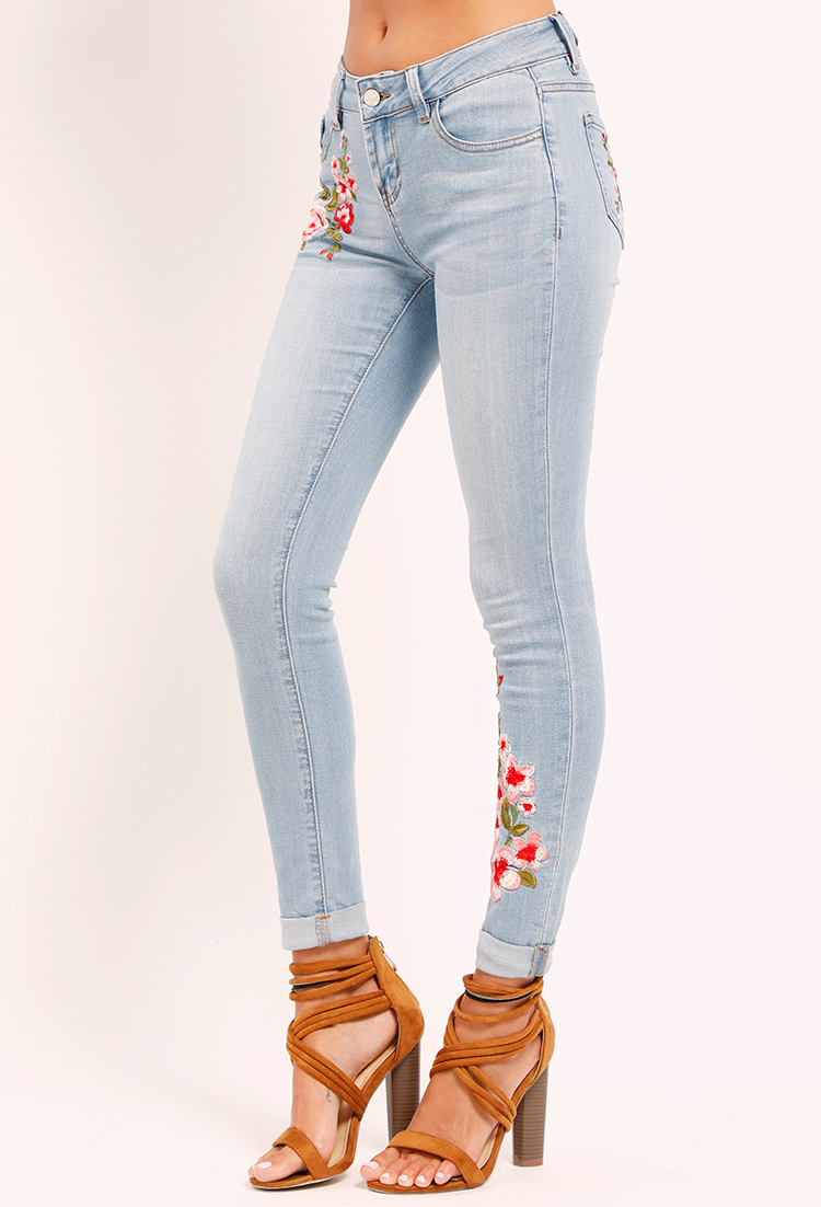 Cuffed Floral Embroidered Jeans