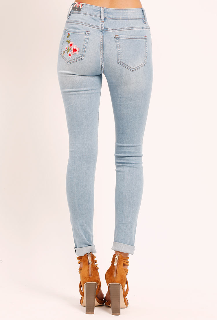 Cuffed Floral Embroidered Jeans