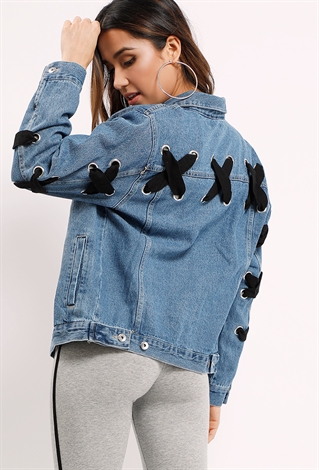 Lace-Up Accented Denim Jacket | Shop What's New at Papaya Clothing
