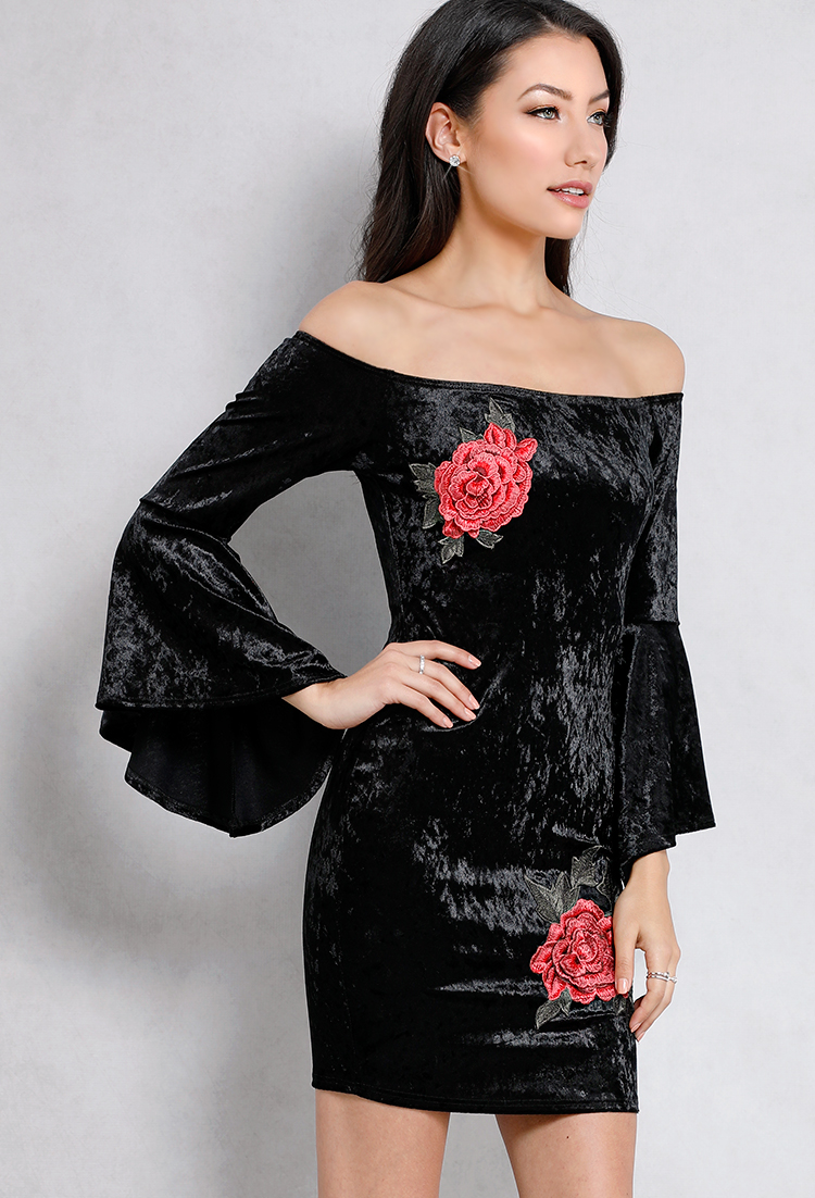 Off-The-Shoulder Velvet Floral Applique Dress