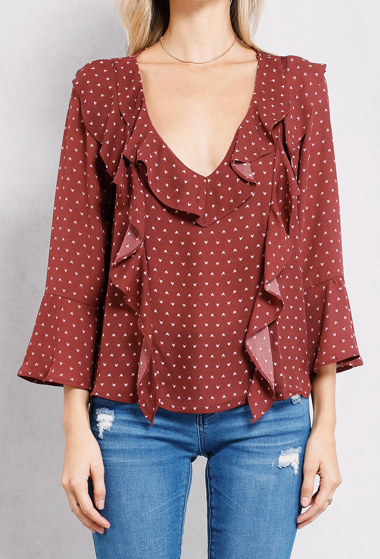 Abstract Pattern V-Neck Ruffle Front Top