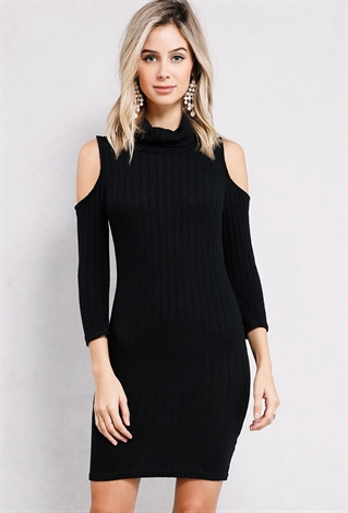 Ribbed Cowl-Neck Sweater Dress