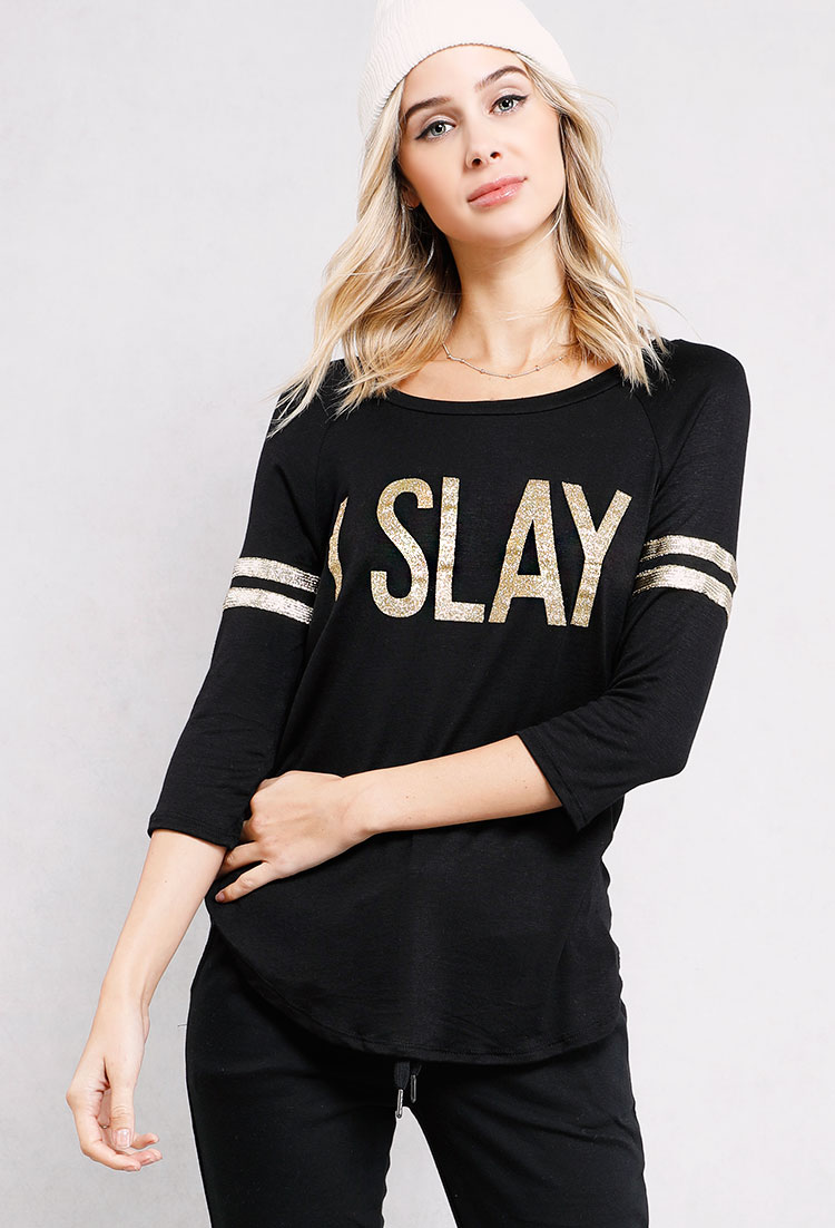 Glitter SLAY Striped Sleeve Graphic Top