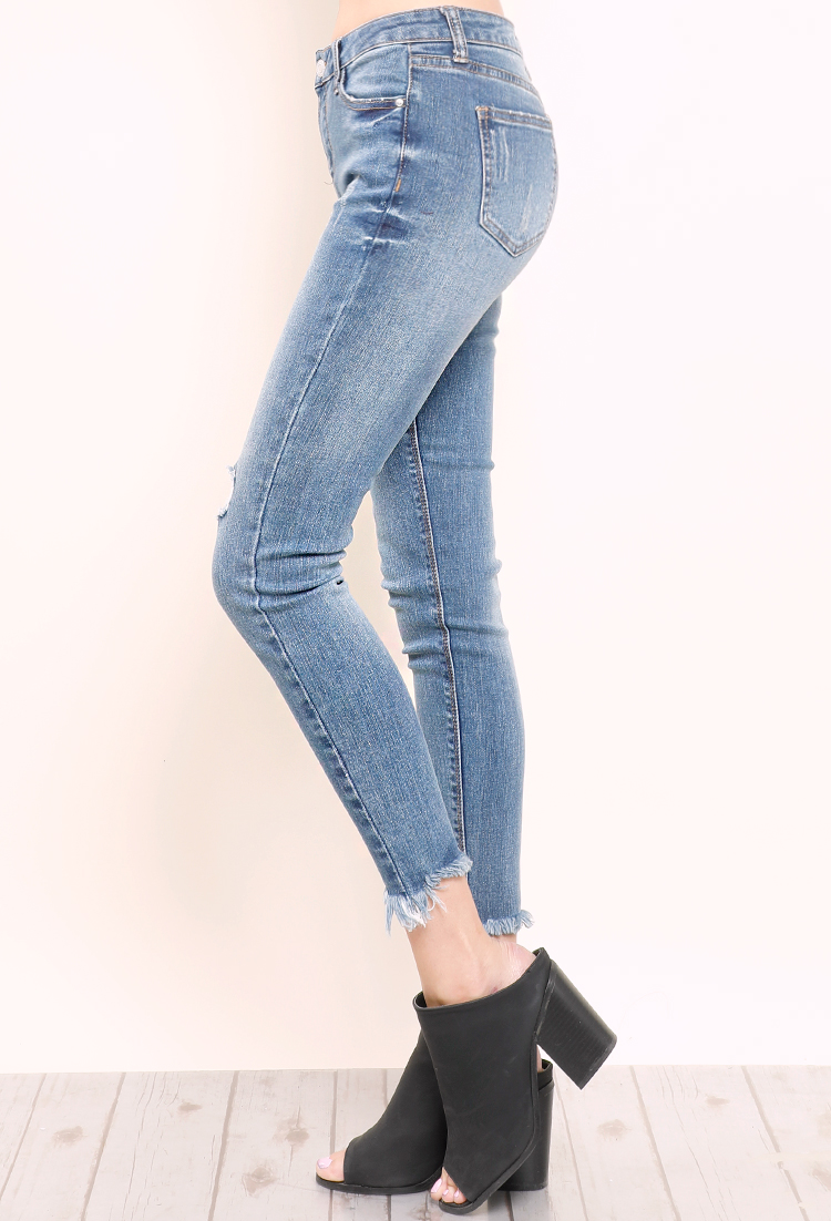 Distressed Raw-Hem Skinny Jeans