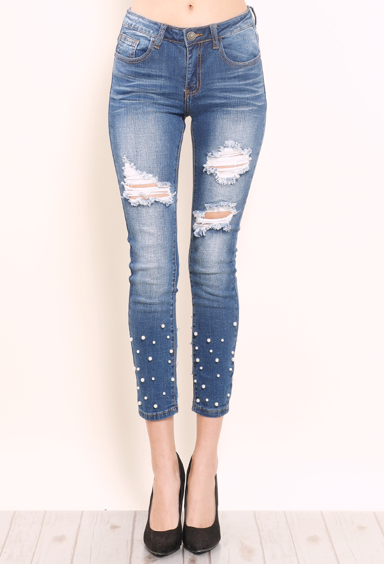 Distressed Pearl Embellished Skinny Jeans