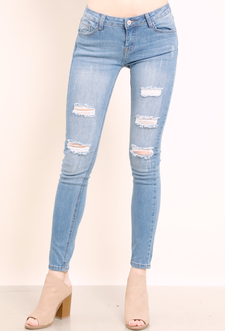 Distressed Skinny Mid-Rise Jeans