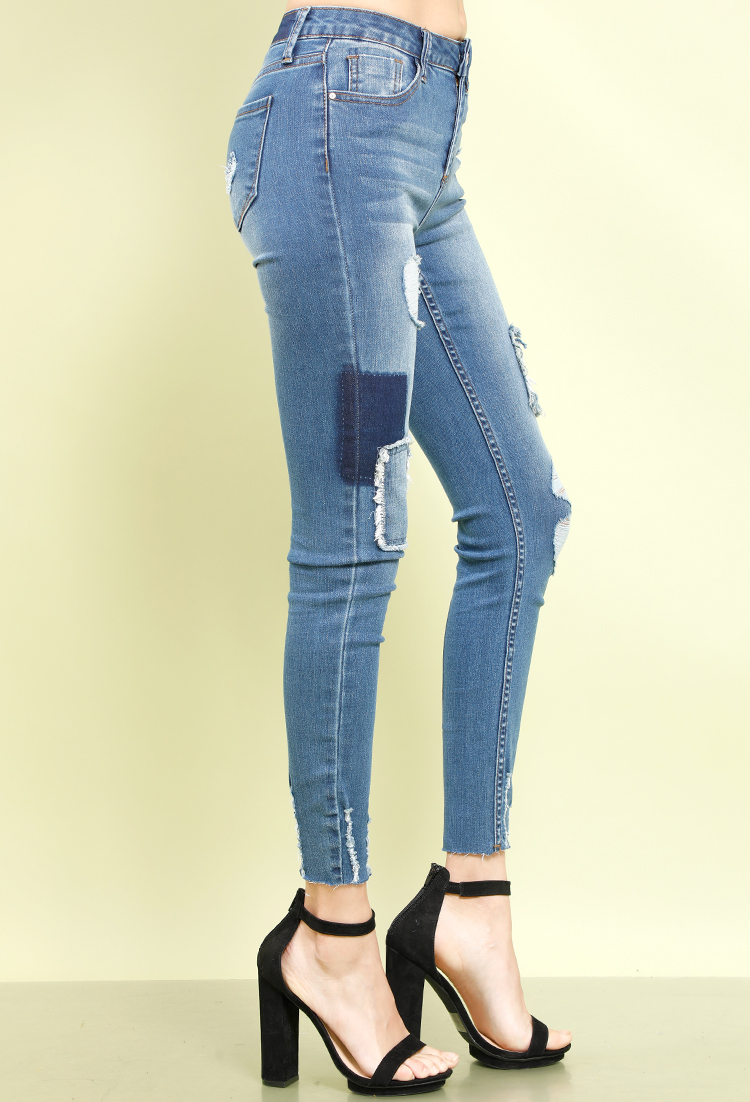 Distressed High-Rise Patchwork Skinny Jeans