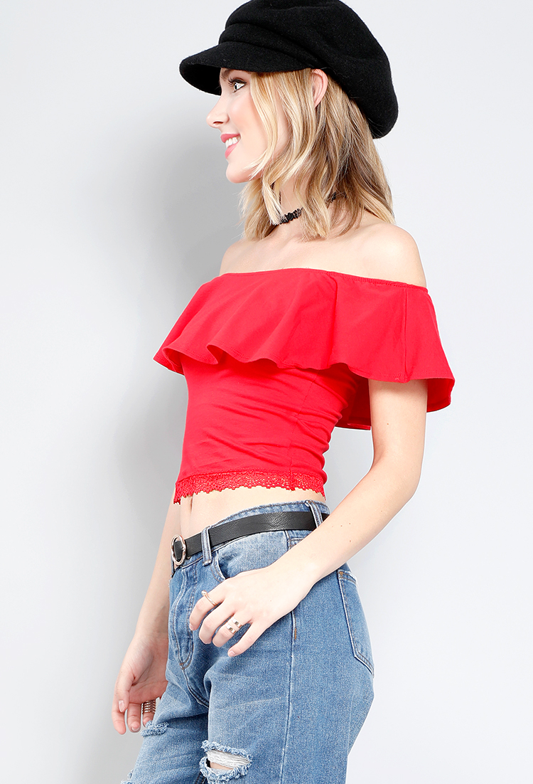 Lace-Trimmed Off-The-Shoulder Flounce Top