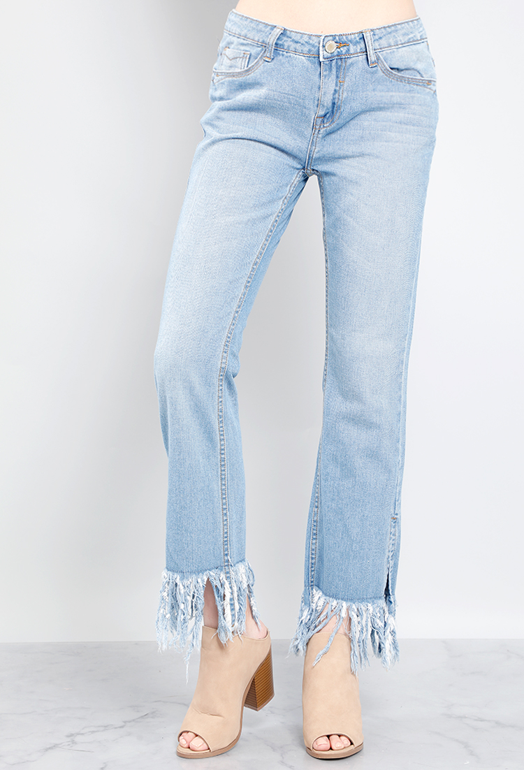 Denim Flare Frayed Hem Jeans | Shop at Papaya Clothing
