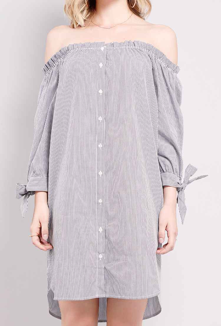Striped Frill-Trim Off-The-Shoulder Shirt Dress