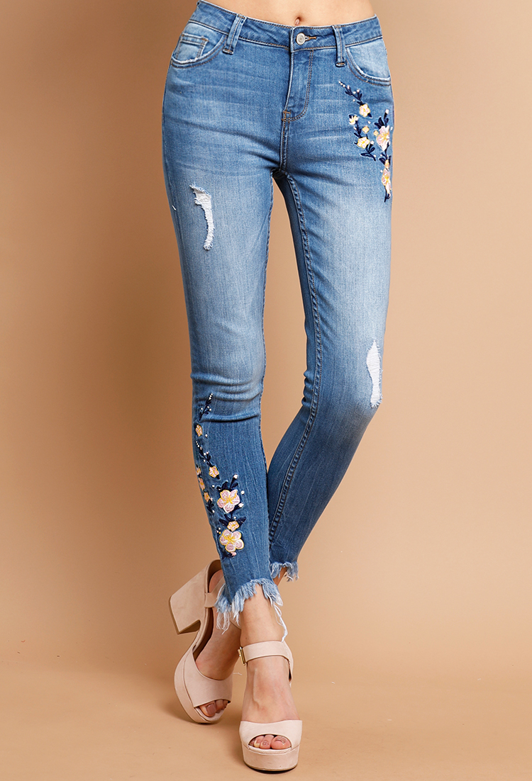 Floral Embroidered Raw Hem Skinny Jeans