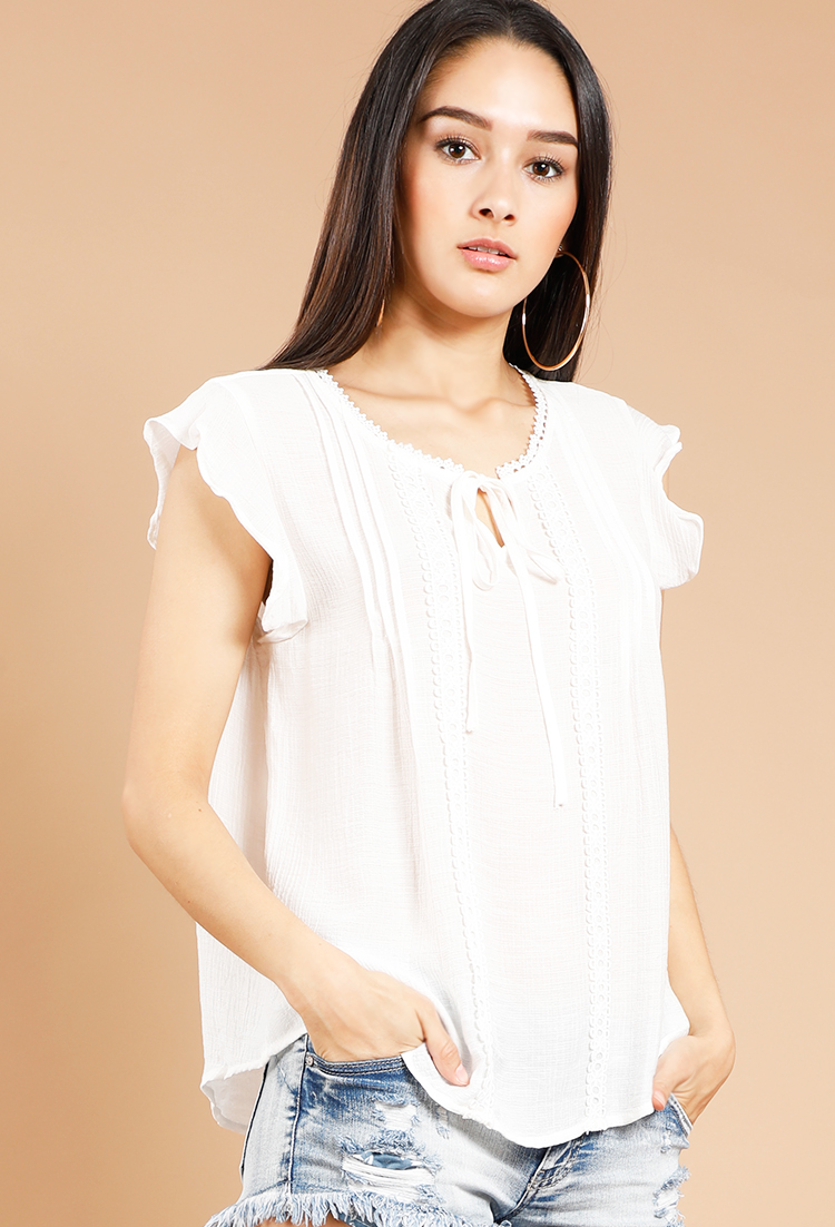 Tie-Front Floral-Embroidered Top
