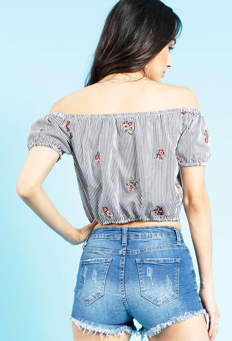 Striped Floral Embroidered Off-The-Shoulder Blouse  