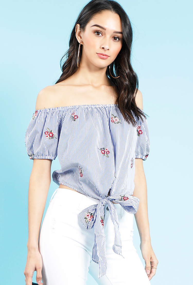 Striped Floral Embroidered Off-The-Shoulder Blouse  