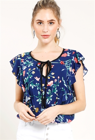Front Tie Ruffle Accented Floral Top 