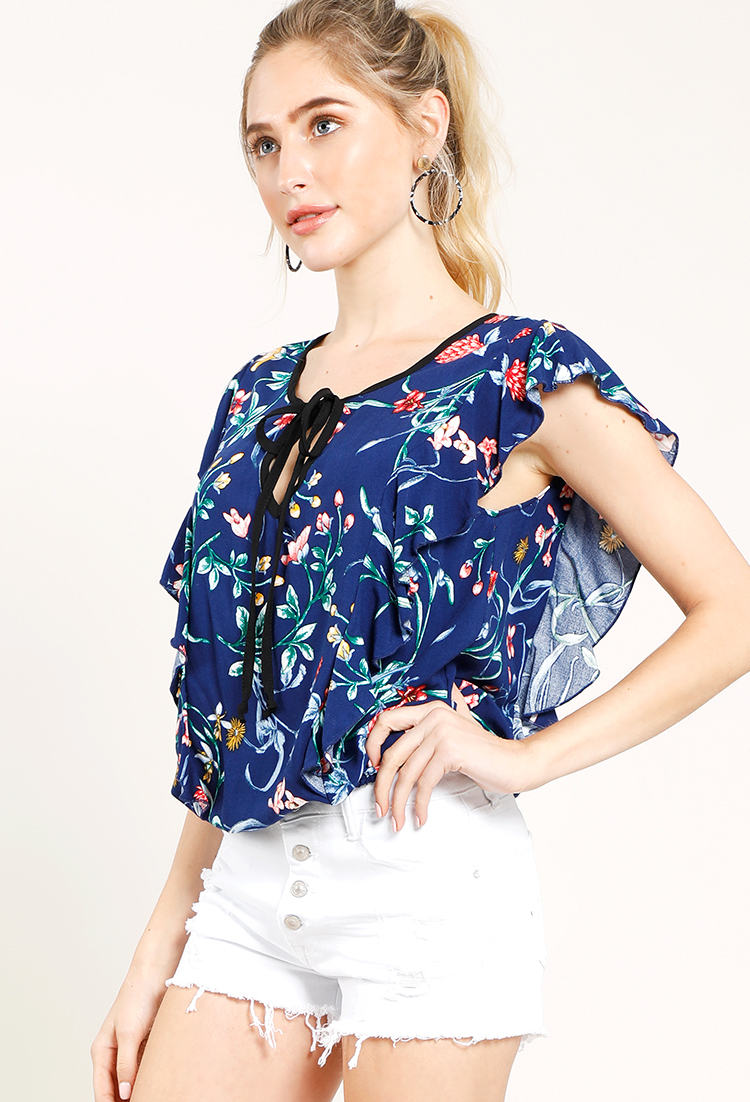 Front Tie Ruffle Accented Floral Top 