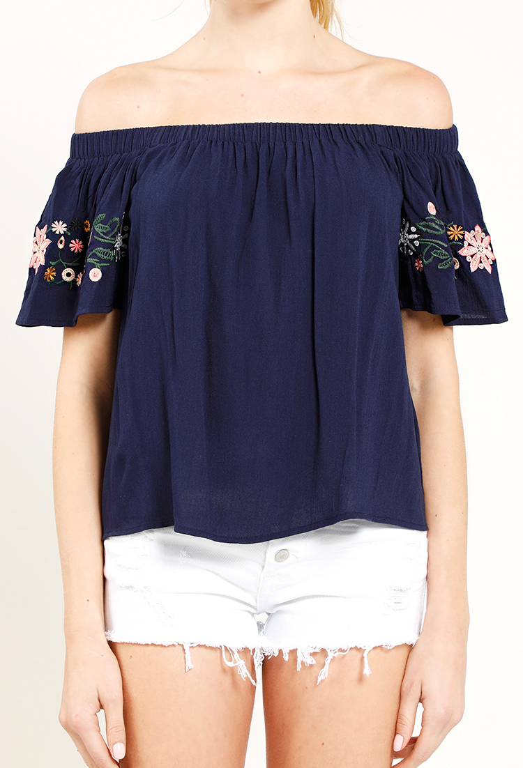 Ruffled Off The Shoulder With Floral Embroidering