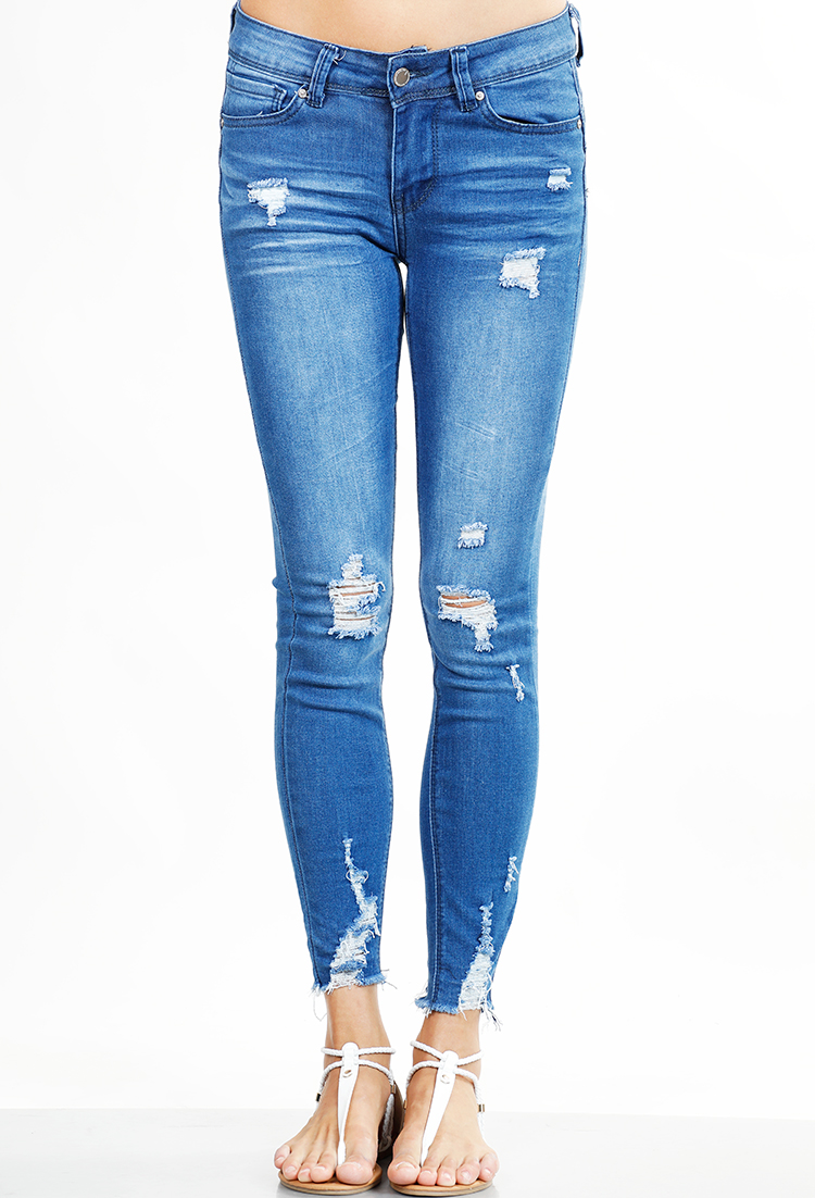 Distressed Fringe Accented Skinny Jeans 